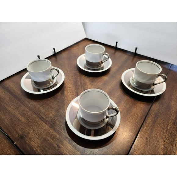 Vtg FF Japan (4) White w/Silver Expresso/Demitasse cups w/saucers Excellent! - Picture 14 of 16